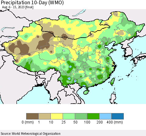 China, Mongolia and Taiwan Precipitation 10-Day (WMO) Thematic Map For 8/6/2023 - 8/15/2023