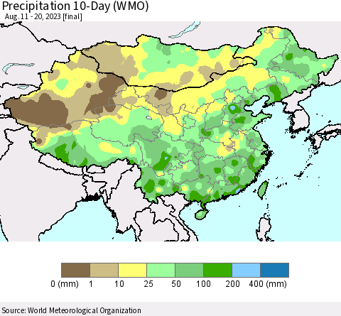 China, Mongolia and Taiwan Precipitation 10-Day (WMO) Thematic Map For 8/11/2023 - 8/20/2023