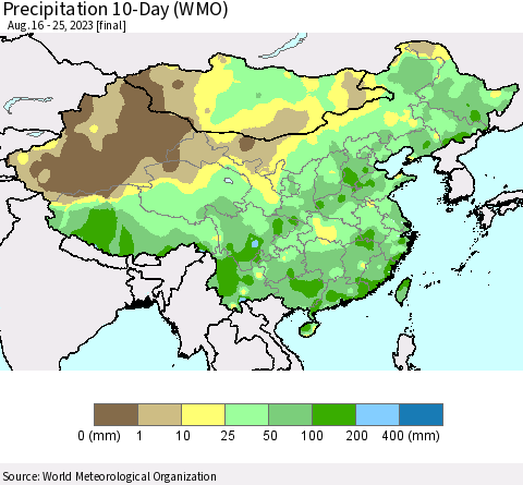 China, Mongolia and Taiwan Precipitation 10-Day (WMO) Thematic Map For 8/16/2023 - 8/25/2023