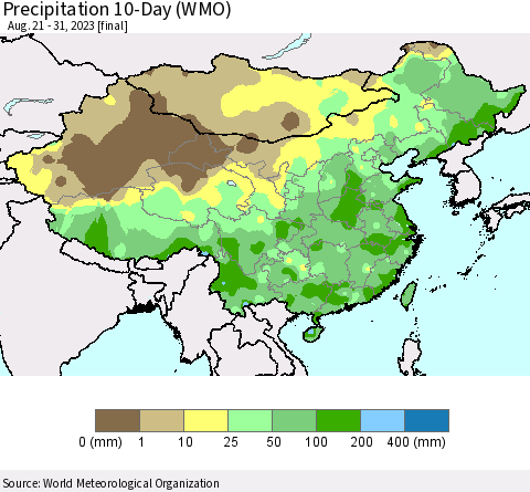 China, Mongolia and Taiwan Precipitation 10-Day (WMO) Thematic Map For 8/21/2023 - 8/31/2023