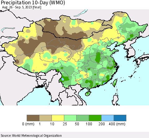 China, Mongolia and Taiwan Precipitation 10-Day (WMO) Thematic Map For 8/26/2023 - 9/5/2023