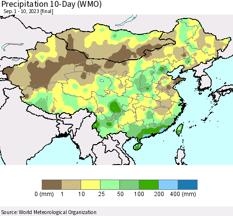China, Mongolia and Taiwan Precipitation 10-Day (WMO) Thematic Map For 9/1/2023 - 9/10/2023