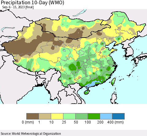 China, Mongolia and Taiwan Precipitation 10-Day (WMO) Thematic Map For 9/6/2023 - 9/15/2023