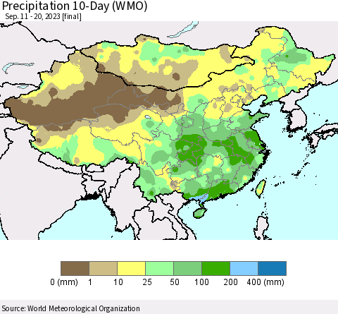 China, Mongolia and Taiwan Precipitation 10-Day (WMO) Thematic Map For 9/11/2023 - 9/20/2023