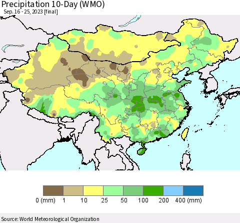 China, Mongolia and Taiwan Precipitation 10-Day (WMO) Thematic Map For 9/16/2023 - 9/25/2023