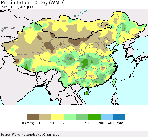 China, Mongolia and Taiwan Precipitation 10-Day (WMO) Thematic Map For 9/21/2023 - 9/30/2023