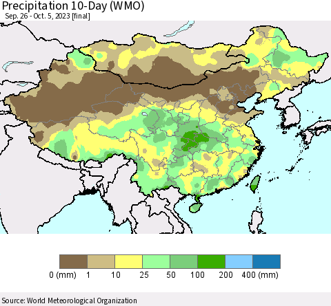 China, Mongolia and Taiwan Precipitation 10-Day (WMO) Thematic Map For 9/26/2023 - 10/5/2023