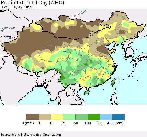 China, Mongolia and Taiwan Precipitation 10-Day (WMO) Thematic Map For 10/1/2023 - 10/10/2023