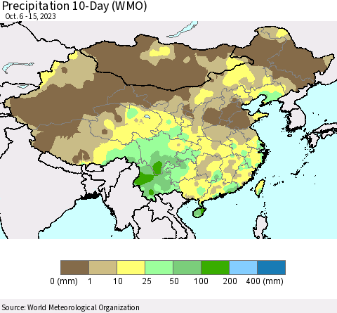 China, Mongolia and Taiwan Precipitation 10-Day (WMO) Thematic Map For 10/6/2023 - 10/15/2023