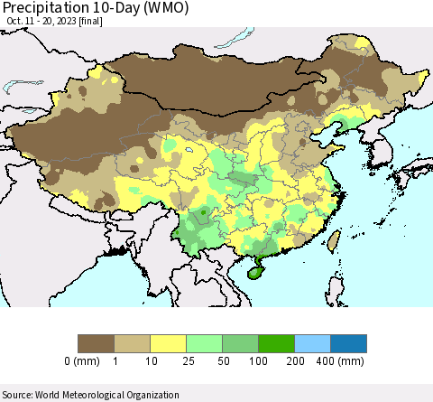 China, Mongolia and Taiwan Precipitation 10-Day (WMO) Thematic Map For 10/11/2023 - 10/20/2023