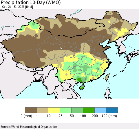 China, Mongolia and Taiwan Precipitation 10-Day (WMO) Thematic Map For 10/21/2023 - 10/31/2023
