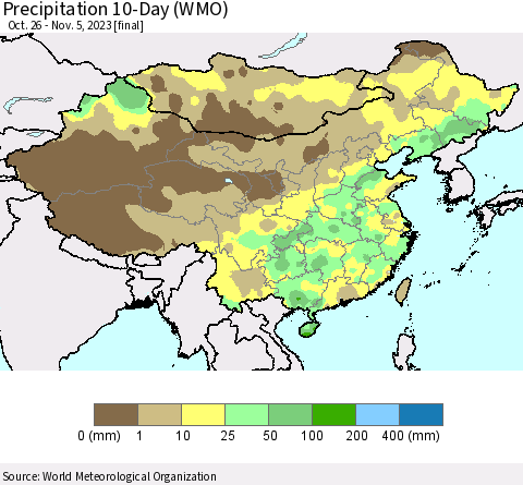 China, Mongolia and Taiwan Precipitation 10-Day (WMO) Thematic Map For 10/26/2023 - 11/5/2023