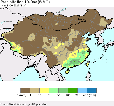 China, Mongolia and Taiwan Precipitation 10-Day (WMO) Thematic Map For 3/1/2024 - 3/10/2024