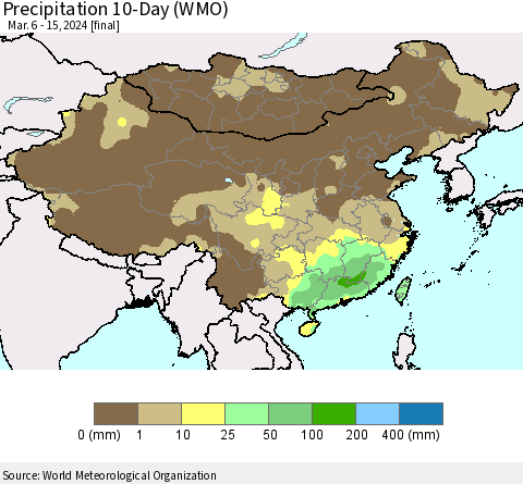 China, Mongolia and Taiwan Precipitation 10-Day (WMO) Thematic Map For 3/6/2024 - 3/15/2024
