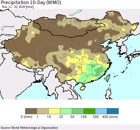 China, Mongolia and Taiwan Precipitation 10-Day (WMO) Thematic Map For 3/11/2024 - 3/20/2024