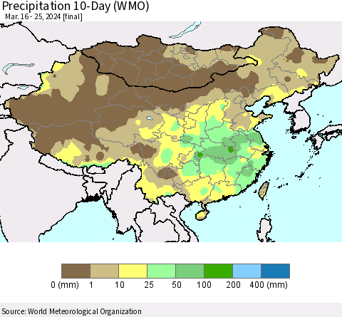 China, Mongolia and Taiwan Precipitation 10-Day (WMO) Thematic Map For 3/16/2024 - 3/25/2024
