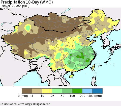 China, Mongolia and Taiwan Precipitation 10-Day (WMO) Thematic Map For 3/21/2024 - 3/31/2024