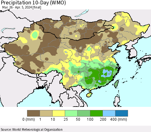 China, Mongolia and Taiwan Precipitation 10-Day (WMO) Thematic Map For 3/26/2024 - 4/5/2024