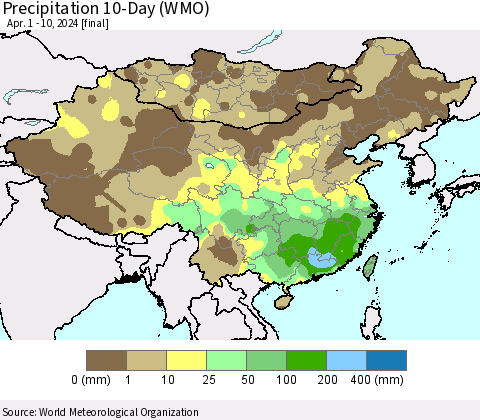 China, Mongolia and Taiwan Precipitation 10-Day (WMO) Thematic Map For 4/1/2024 - 4/10/2024