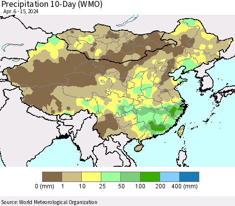 China, Mongolia and Taiwan Precipitation 10-Day (WMO) Thematic Map For 4/6/2024 - 4/15/2024