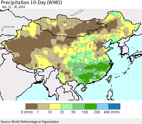China, Mongolia and Taiwan Precipitation 10-Day (WMO) Thematic Map For 4/11/2024 - 4/20/2024