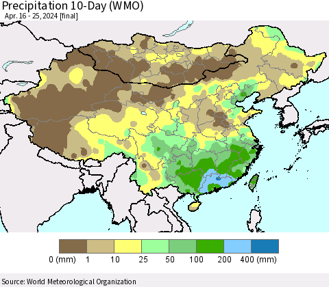 China, Mongolia and Taiwan Precipitation 10-Day (WMO) Thematic Map For 4/16/2024 - 4/25/2024