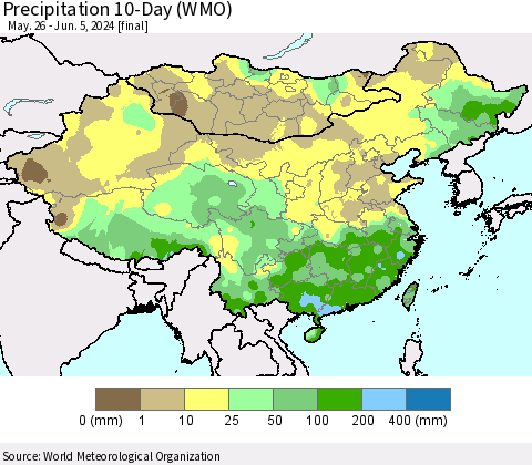 China, Mongolia and Taiwan Precipitation 10-Day (WMO) Thematic Map For 5/26/2024 - 6/5/2024