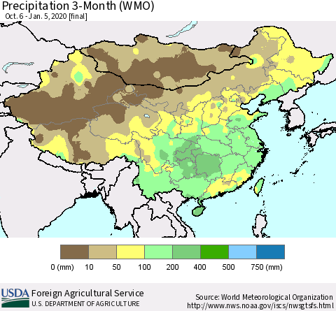 China, Mongolia and Taiwan Precipitation 3-Month (WMO) Thematic Map For 10/6/2019 - 1/5/2020