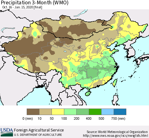 China, Mongolia and Taiwan Precipitation 3-Month (WMO) Thematic Map For 10/16/2019 - 1/15/2020