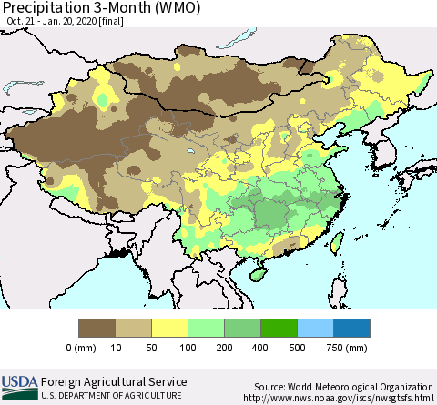 China, Mongolia and Taiwan Precipitation 3-Month (WMO) Thematic Map For 10/21/2019 - 1/20/2020