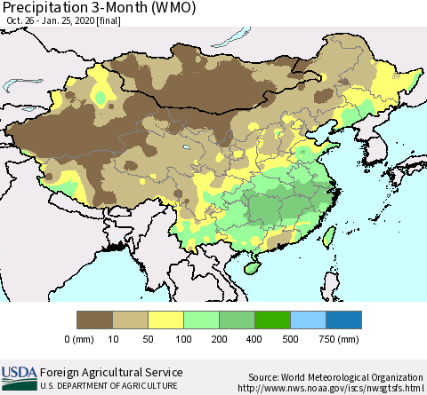 China, Mongolia and Taiwan Precipitation 3-Month (WMO) Thematic Map For 10/26/2019 - 1/25/2020