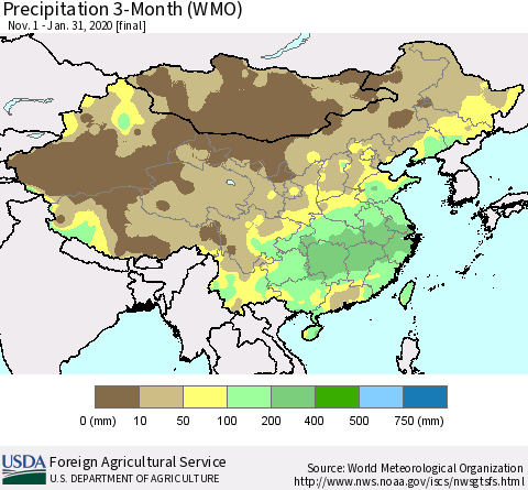 China, Mongolia and Taiwan Precipitation 3-Month (WMO) Thematic Map For 11/1/2019 - 1/31/2020