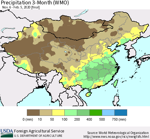 China, Mongolia and Taiwan Precipitation 3-Month (WMO) Thematic Map For 11/6/2019 - 2/5/2020