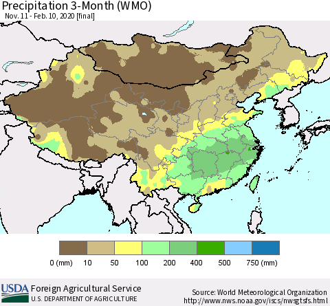 China, Mongolia and Taiwan Precipitation 3-Month (WMO) Thematic Map For 11/11/2019 - 2/10/2020