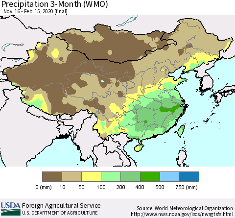 China, Mongolia and Taiwan Precipitation 3-Month (WMO) Thematic Map For 11/16/2019 - 2/15/2020