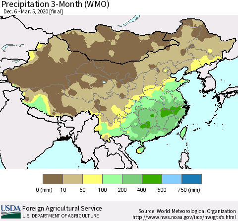 China, Mongolia and Taiwan Precipitation 3-Month (WMO) Thematic Map For 12/6/2019 - 3/5/2020