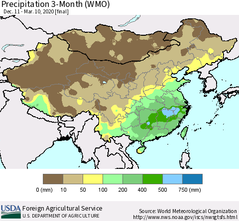 China, Mongolia and Taiwan Precipitation 3-Month (WMO) Thematic Map For 12/11/2019 - 3/10/2020