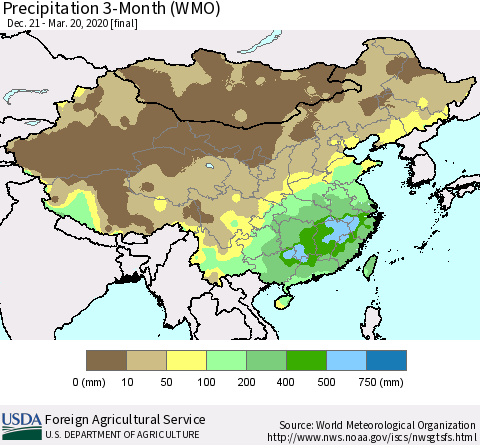 China, Mongolia and Taiwan Precipitation 3-Month (WMO) Thematic Map For 12/21/2019 - 3/20/2020