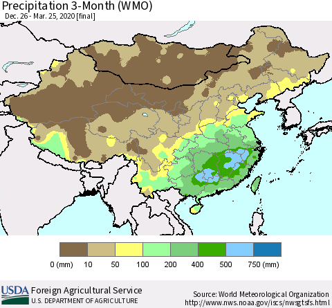 China, Mongolia and Taiwan Precipitation 3-Month (WMO) Thematic Map For 12/26/2019 - 3/25/2020
