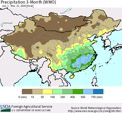 China, Mongolia and Taiwan Precipitation 3-Month (WMO) Thematic Map For 1/1/2020 - 3/31/2020