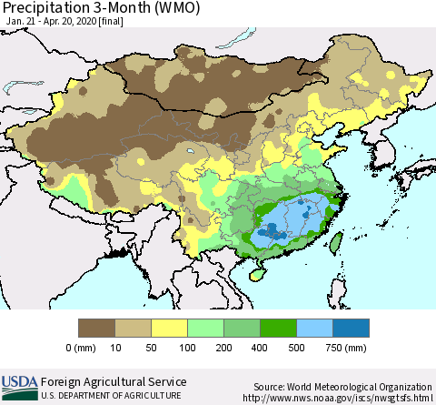 China, Mongolia and Taiwan Precipitation 3-Month (WMO) Thematic Map For 1/21/2020 - 4/20/2020