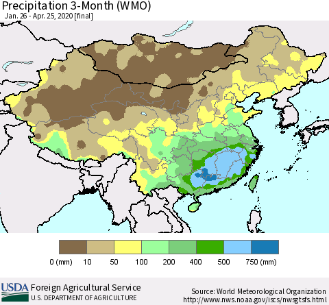 China, Mongolia and Taiwan Precipitation 3-Month (WMO) Thematic Map For 1/26/2020 - 4/25/2020