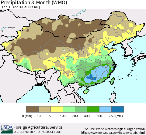 China, Mongolia and Taiwan Precipitation 3-Month (WMO) Thematic Map For 2/1/2020 - 4/30/2020