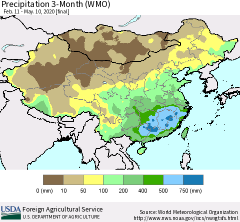 China, Mongolia and Taiwan Precipitation 3-Month (WMO) Thematic Map For 2/11/2020 - 5/10/2020