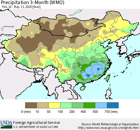 China, Mongolia and Taiwan Precipitation 3-Month (WMO) Thematic Map For 2/16/2020 - 5/15/2020