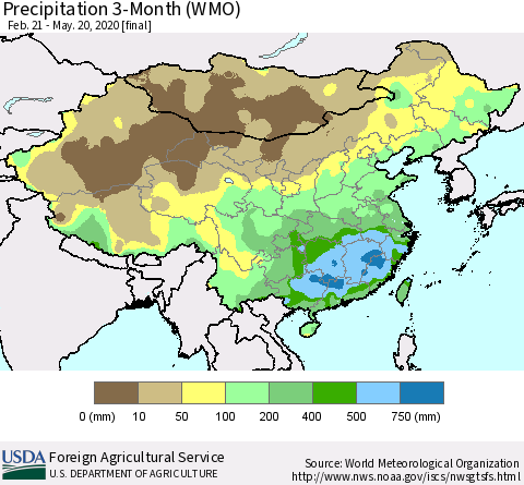 China, Mongolia and Taiwan Precipitation 3-Month (WMO) Thematic Map For 2/21/2020 - 5/20/2020