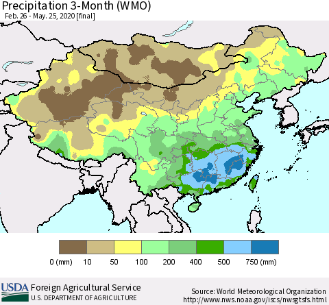 China, Mongolia and Taiwan Precipitation 3-Month (WMO) Thematic Map For 2/26/2020 - 5/25/2020