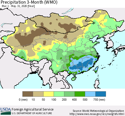 China, Mongolia and Taiwan Precipitation 3-Month (WMO) Thematic Map For 3/1/2020 - 5/31/2020