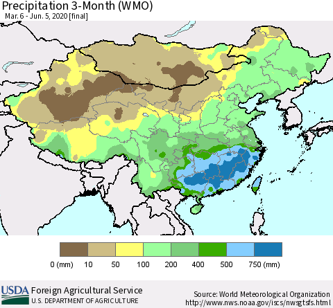 China, Mongolia and Taiwan Precipitation 3-Month (WMO) Thematic Map For 3/6/2020 - 6/5/2020