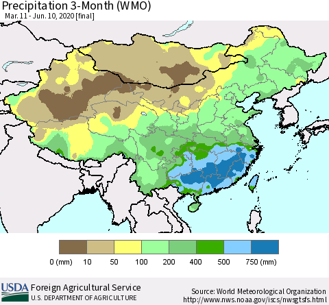 China, Mongolia and Taiwan Precipitation 3-Month (WMO) Thematic Map For 3/11/2020 - 6/10/2020
